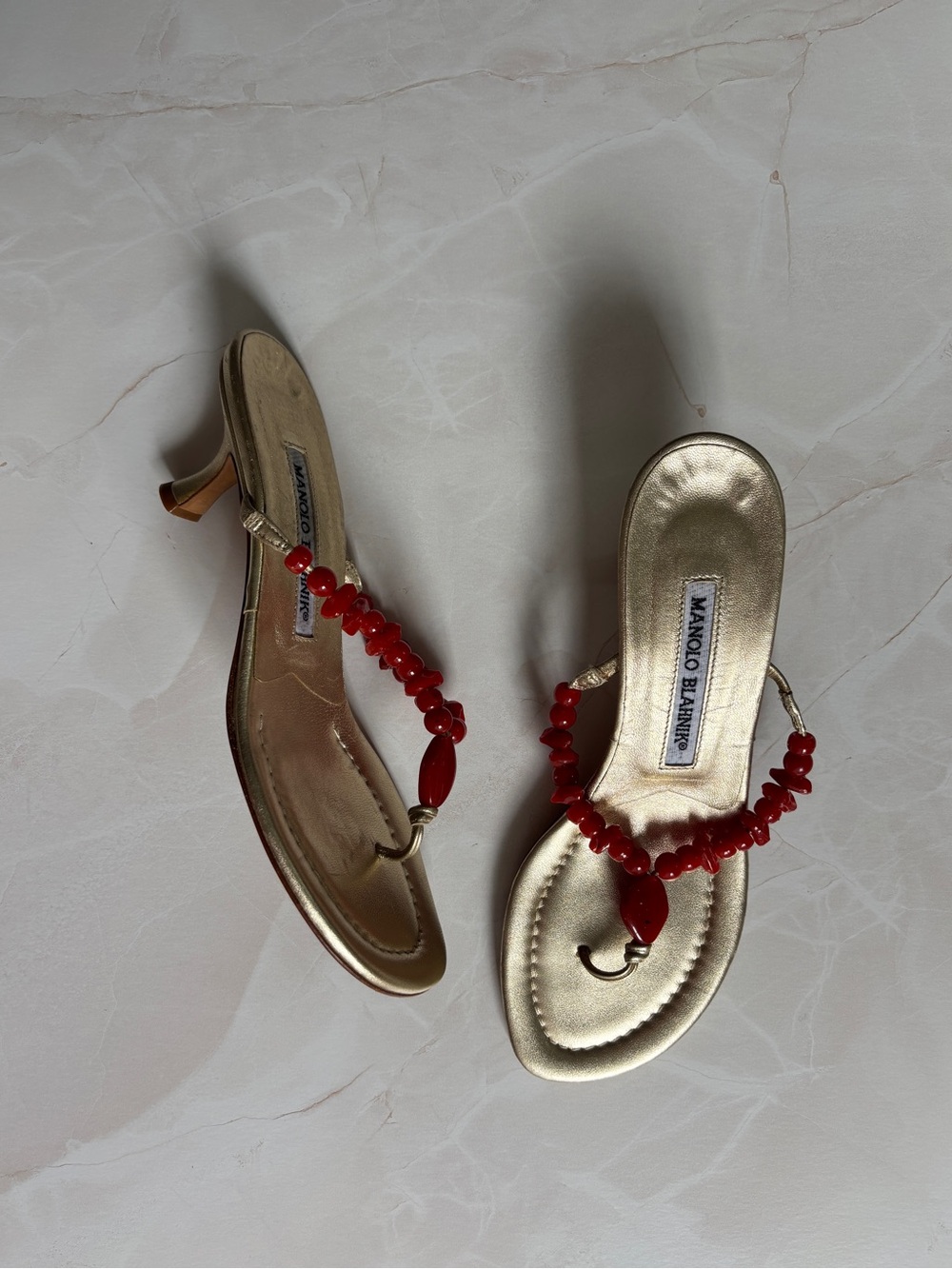 vintage Y2K Manolo Blahnik gold red beaded thong kitten heel